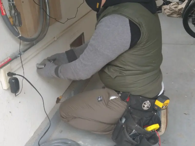Electrician performing outlet wiring in a North Star garage